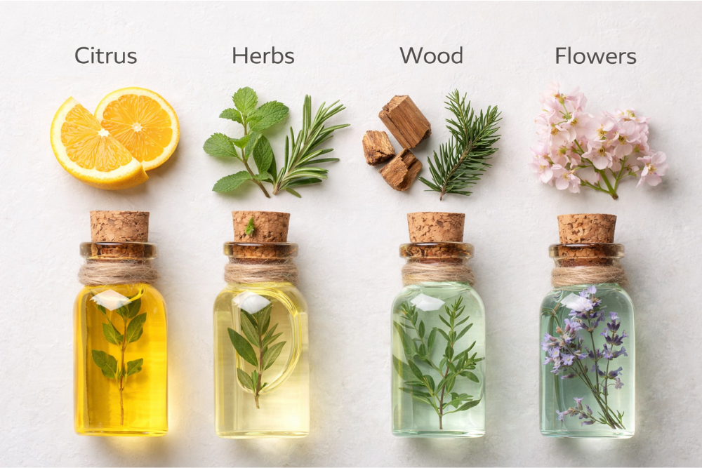 Eteriska oljor uppdelade i doftgrupper bredvid varandra: citrus, örter, trä och blommor.