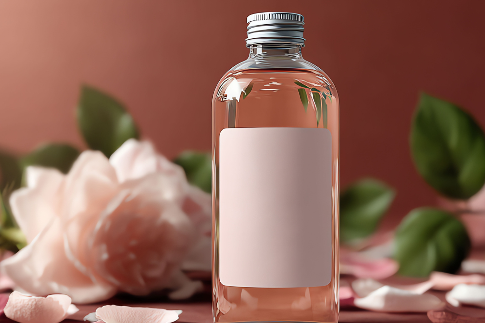 Glasflaska med blomvatten och en blomma, en symbol för mild och skonsam aromatisk omsorg