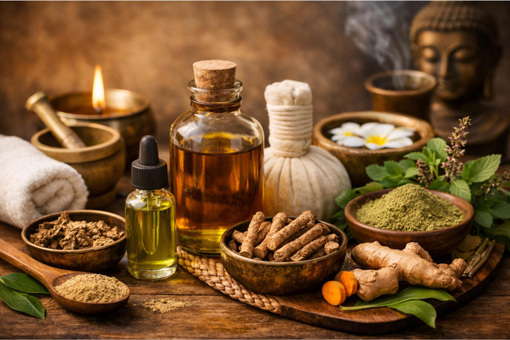 Ayurvedisk kosmetika och oljor – traditionella oljemacerat, växtbaserade råvaror och massagetillbehör i en lugn naturlig komposition