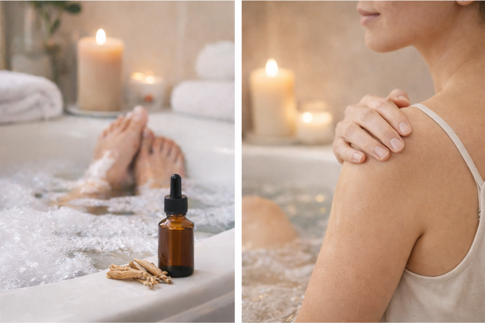 Användning av ashwagandha i kosmetika – ett badritual med olja och en mjuk kroppsmassage i lugn atmosfär