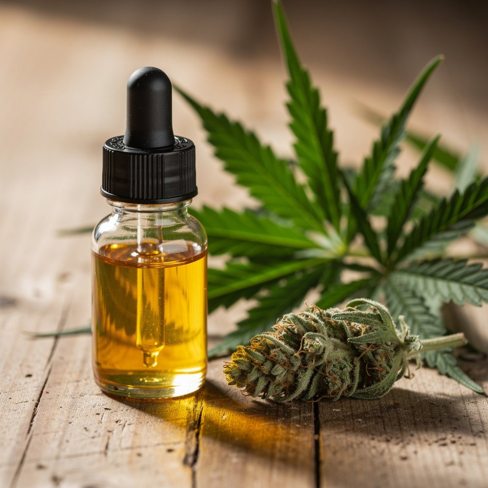 Flaska med CBD-olja med pipett och hampablad Flaska med CBD-olja med pipett och hampablad