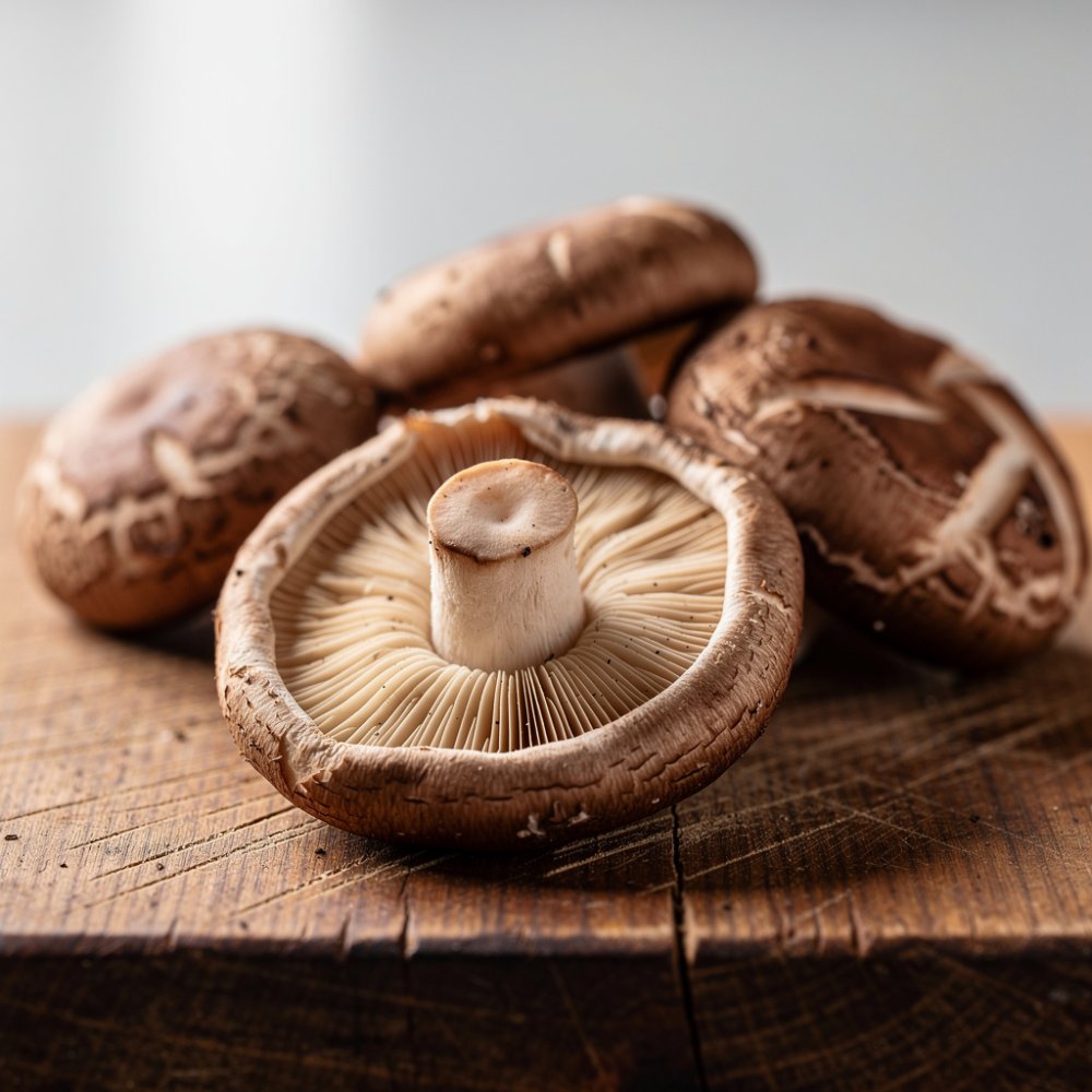 Färska shiitake-svampar på en träskärbräda Färska shiitake-svampar på en träskärbräda