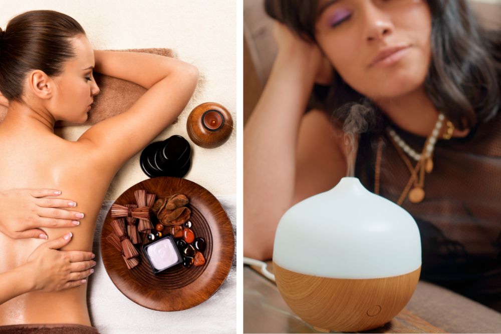 Avslappnande aromaterapi – diffusor med eterisk olja och ljus i en lugn miljö