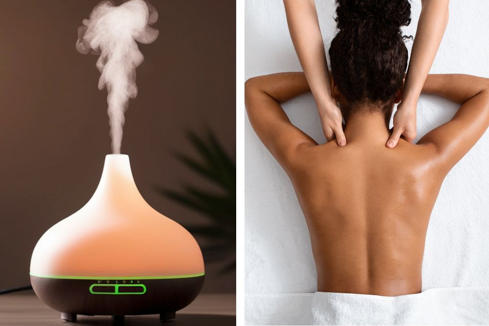 Aromadiffusor med eterisk olja och avslappnande ryggmassage för aromaterapi