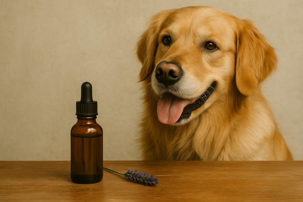 Hund inomhus bredvid en flaska eterisk olja – mild doft i ett hem med hundar