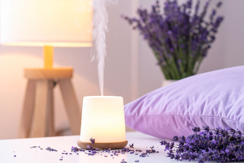 Aromadiffusor med lavendel på nattduksbordet i sovrummet.