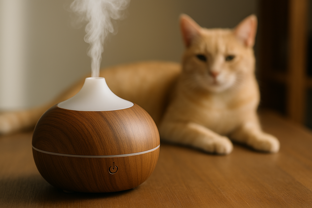 Aromadiffusor inomhus med en suddig katt i bakgrunden – försiktig användning av eteriska oljor i ett hem med husdjur