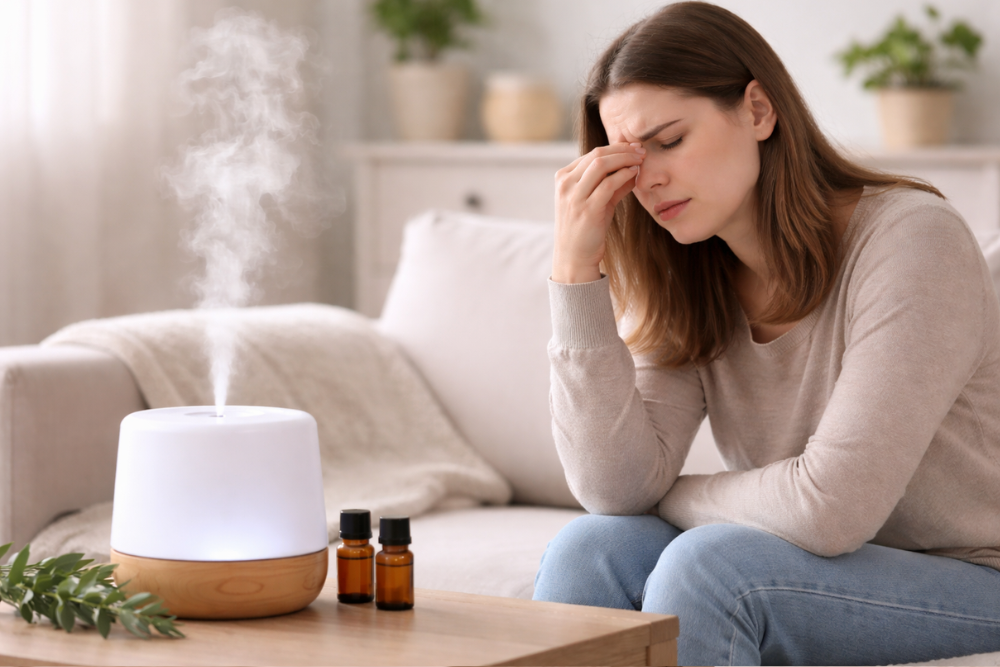 Kvinna som sitter vid en aromdiffusör och upplever en obehagligt för intensiv doft i rummet
