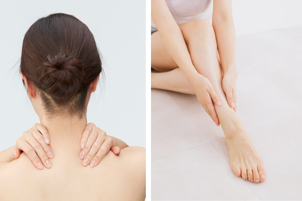Mjuk massage av nacke och vader efter träning eller fysisk belastning som en del av kroppsvård med olja
