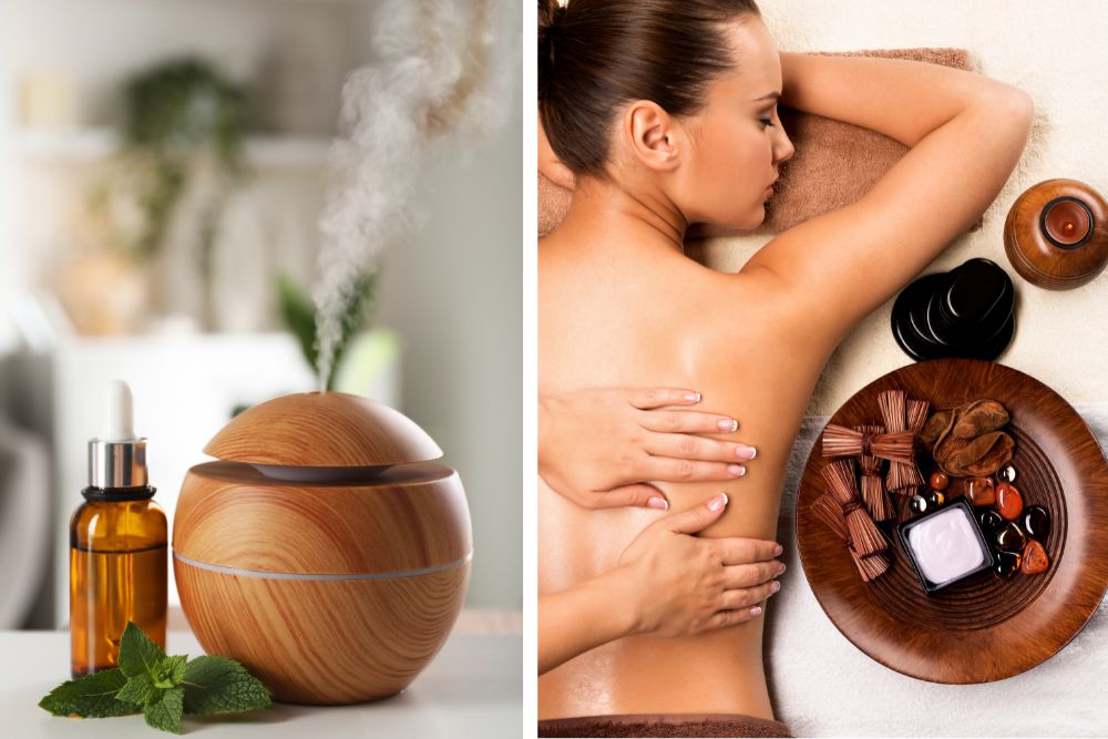 Glasflaskor med eteriska oljor för aromaterapi och bättre stämning