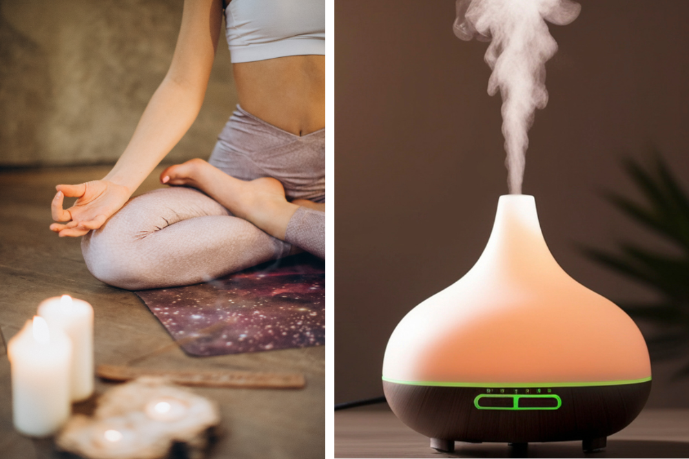 Kvinna som kopplar av vid en aromadiffusor med mild ånga, stämning av aromaterapi hemma och lugn.