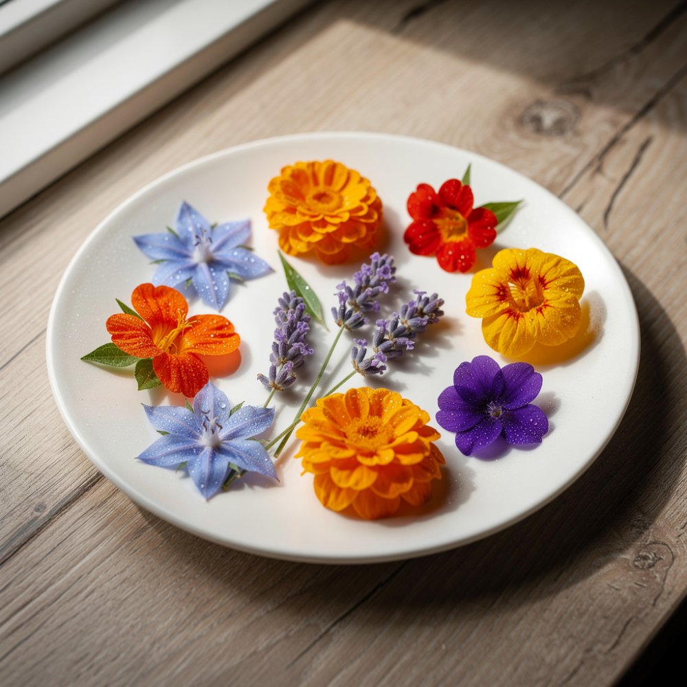 Färgglad blandning av ätbara blommor på en tallrik