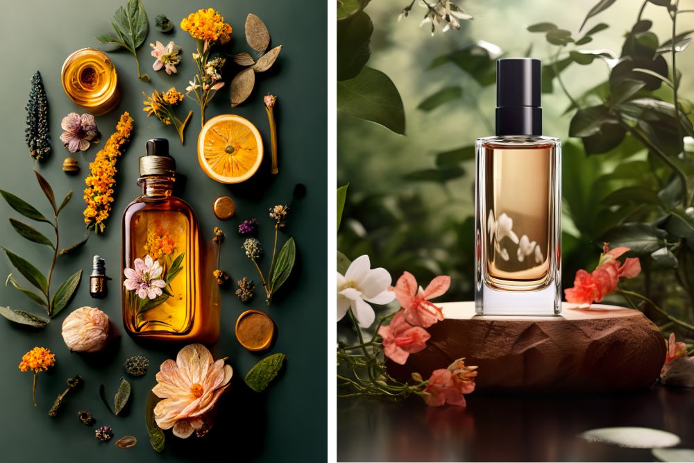 Ayurvediska massageoljor med naturliga ingredienser och traditionella kärl för aromaterapi