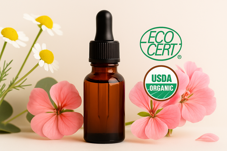 Flaska med eterisk olja med blommor och logotyper för ECOCERT och USDA Organic.