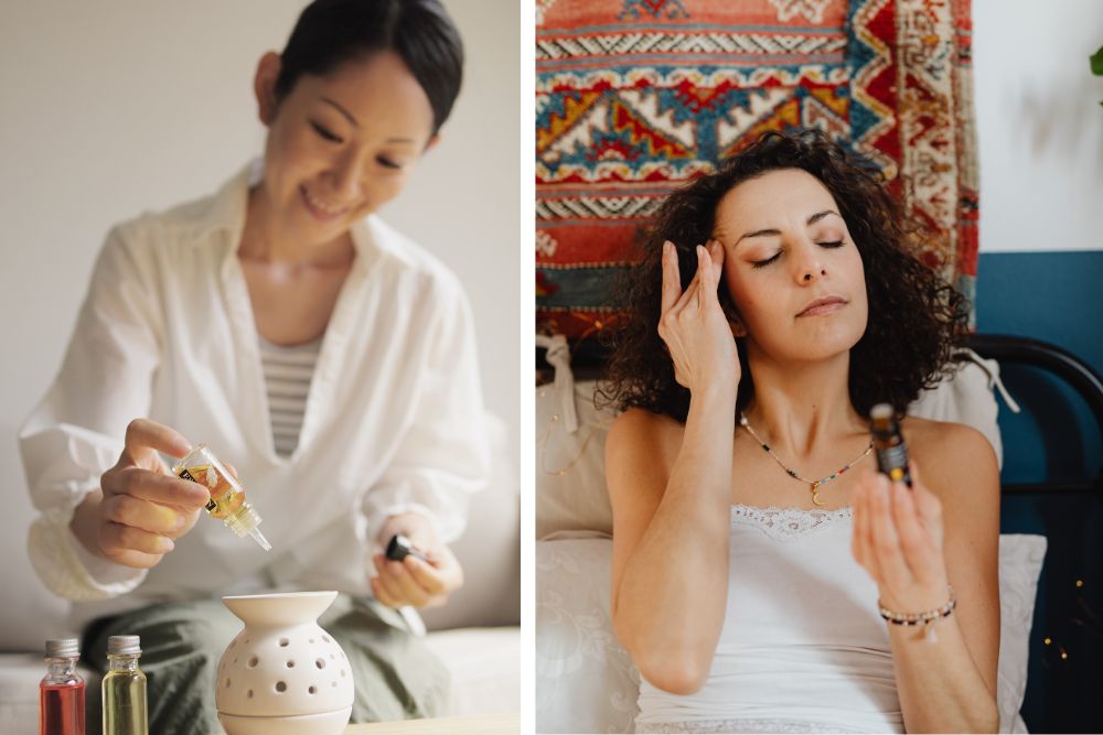 Eteriska oljor av rosmarin, lavendel och mynta för massage