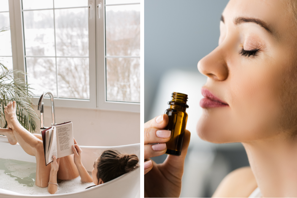 Neroli eterisk olja i en ritual hemma – mild doft i rummet och en kort paus.