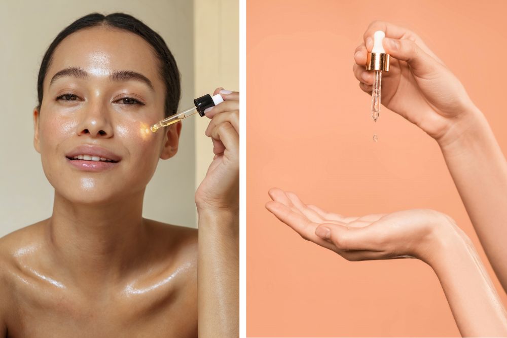 Naturkosmetik med eteriska örtoljor på en träbricka