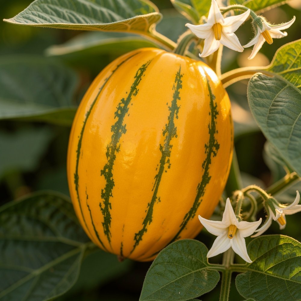 Mogen pepino gold på plantan, gulorange frukt med mörkgröna ränder Mogen pepino gold på plantan, gulorange frukt med mörkgröna ränder