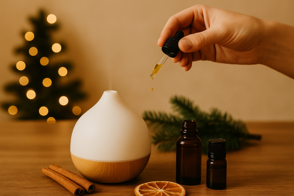 En droppe eterisk olja som droppar i en aromadiffusor med juldekorationer.