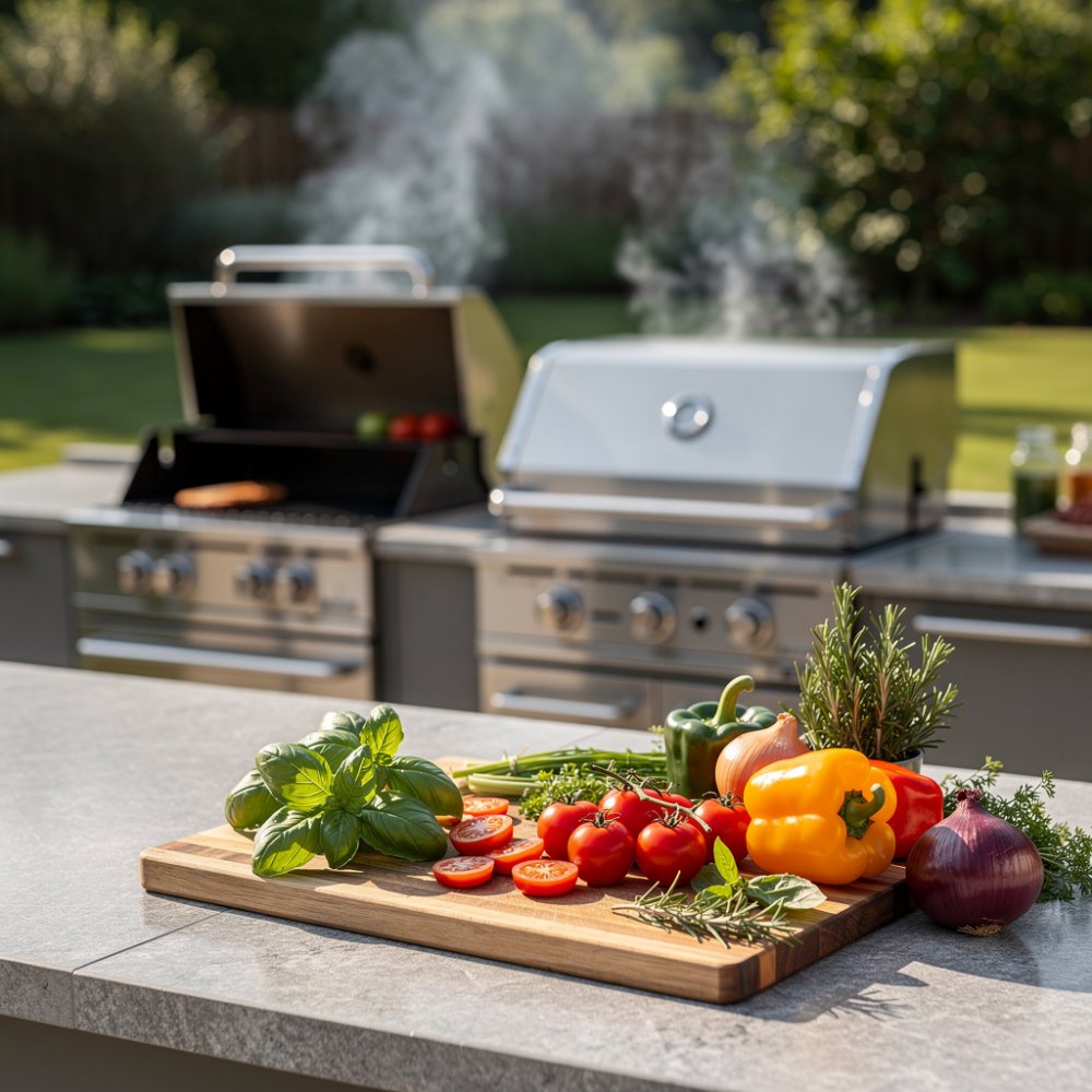 Modern utomhuskök med grill och färska örter Modern utomhuskök med grill och färska örter